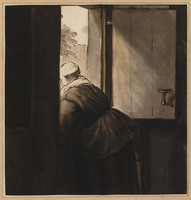 KG 07311
<br/>
Vrouw leunend over een onderdeur ('moeder Rembrandt')
<br/>
<em>Ploos van Amstel, Cornelis (1726-1798)</em>